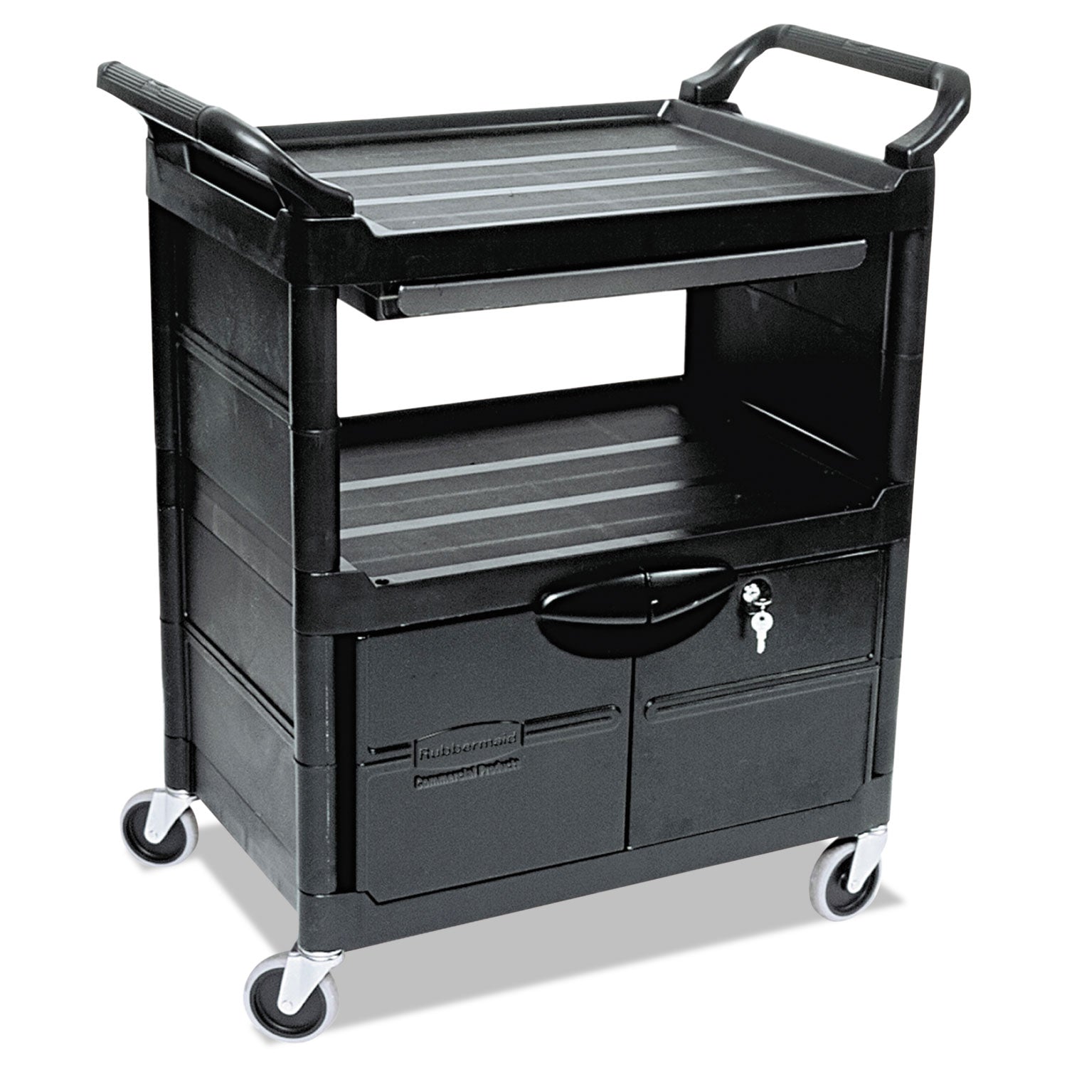rubbermaid-r-commercial-utility-cart-with-locking-doors-plastic-3-shelves-200-lb-capacity-33-63-x-18-63-x-37-75-black-rcp345700bla_1